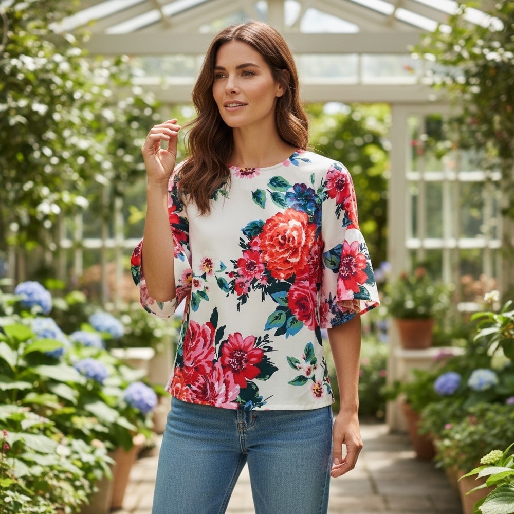 Jade Women's Top - Red and Cream Floral NWT Size XS